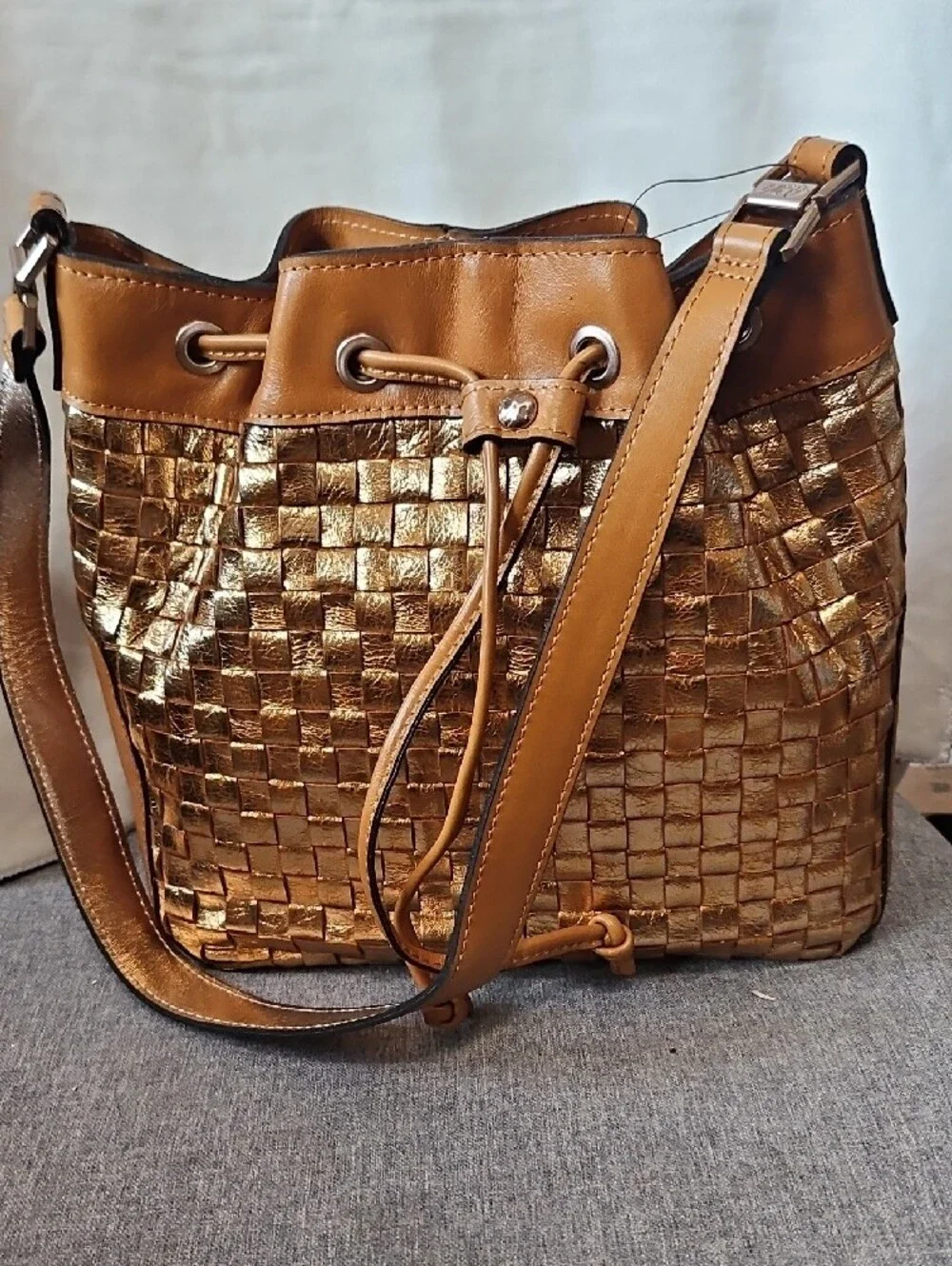 Patricia Nash Metallic Gold Woven Drawstring Hobo Bah NWT